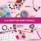 Colorful handmade crafts from Chalk and Chuckles kit showing yarn coasters, diamond stickers, painting, and bottle charms labeled with moods like joy, zen, and confidence