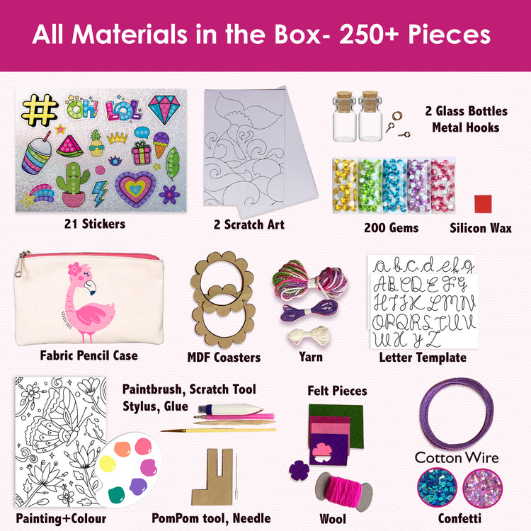 Flat lay of 250+ art and craft materials from Chalk and Chuckles 7 Days of Arts & Crafts box, including stickers, yarn, pencil case, coasters, gems, felt, and letter templates for kids