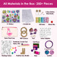 Flat lay of 250+ art and craft materials from Chalk and Chuckles 7 Days of Arts & Crafts box, including stickers, yarn, pencil case, coasters, gems, felt, and letter templates for kids