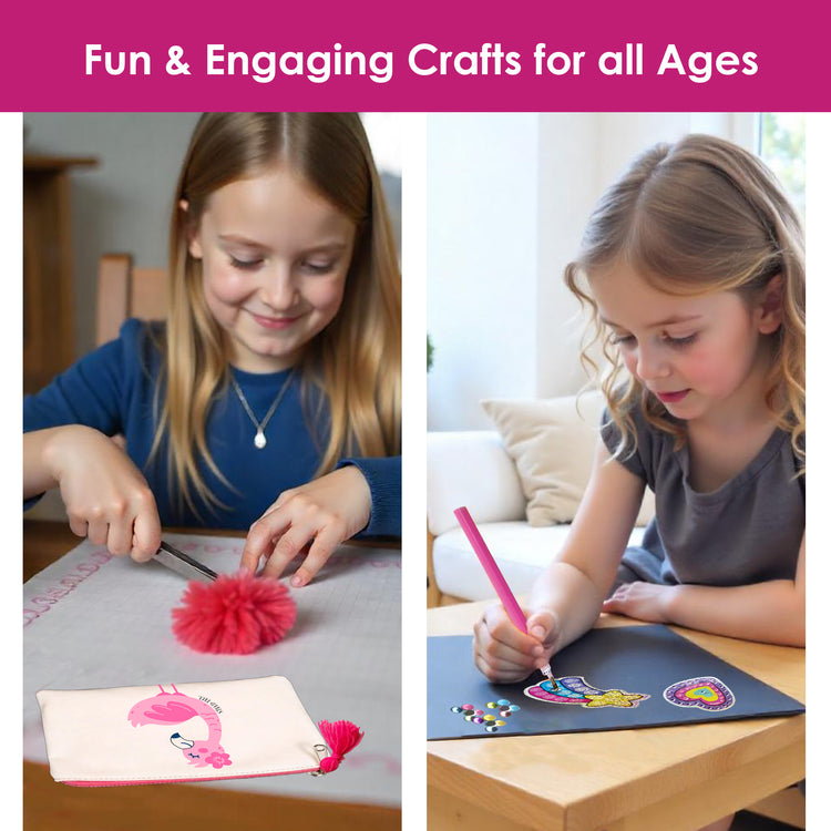Two girls enjoying creative activities from Chalk and Chuckles craft kit, one making a pom-pom and the other using a stylus to place diamond stickers on colorful art sheets