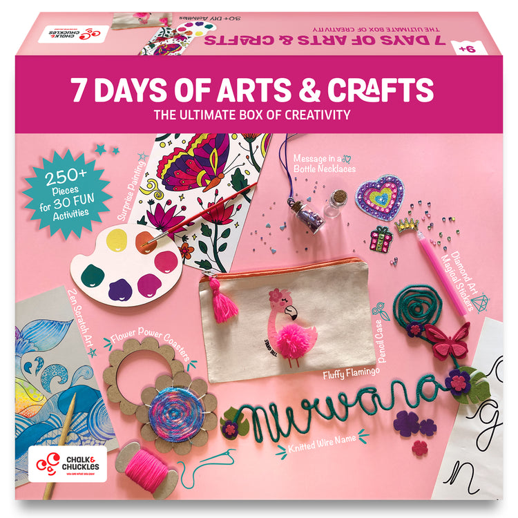 Chalk and Chuckles 7 Days of Arts & Crafts product box with 250+ pieces for kids’ DIY activities including painting, pom-pom pencil case, wire name art, diamond stickers, and bottle necklaces – perfect creative gift for girls ages 6 to 12