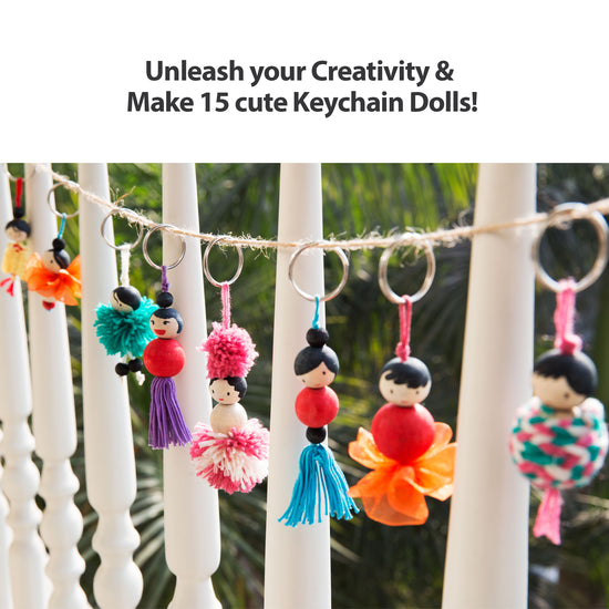 Handmade keychain dolls from Chalk and Chuckles DIY craft kit—create 15 unique and colorful keychains using yarn, beads, and thread. A fun and creative gift idea for tweens, girls, and craft-loving kids ages 9 and up.