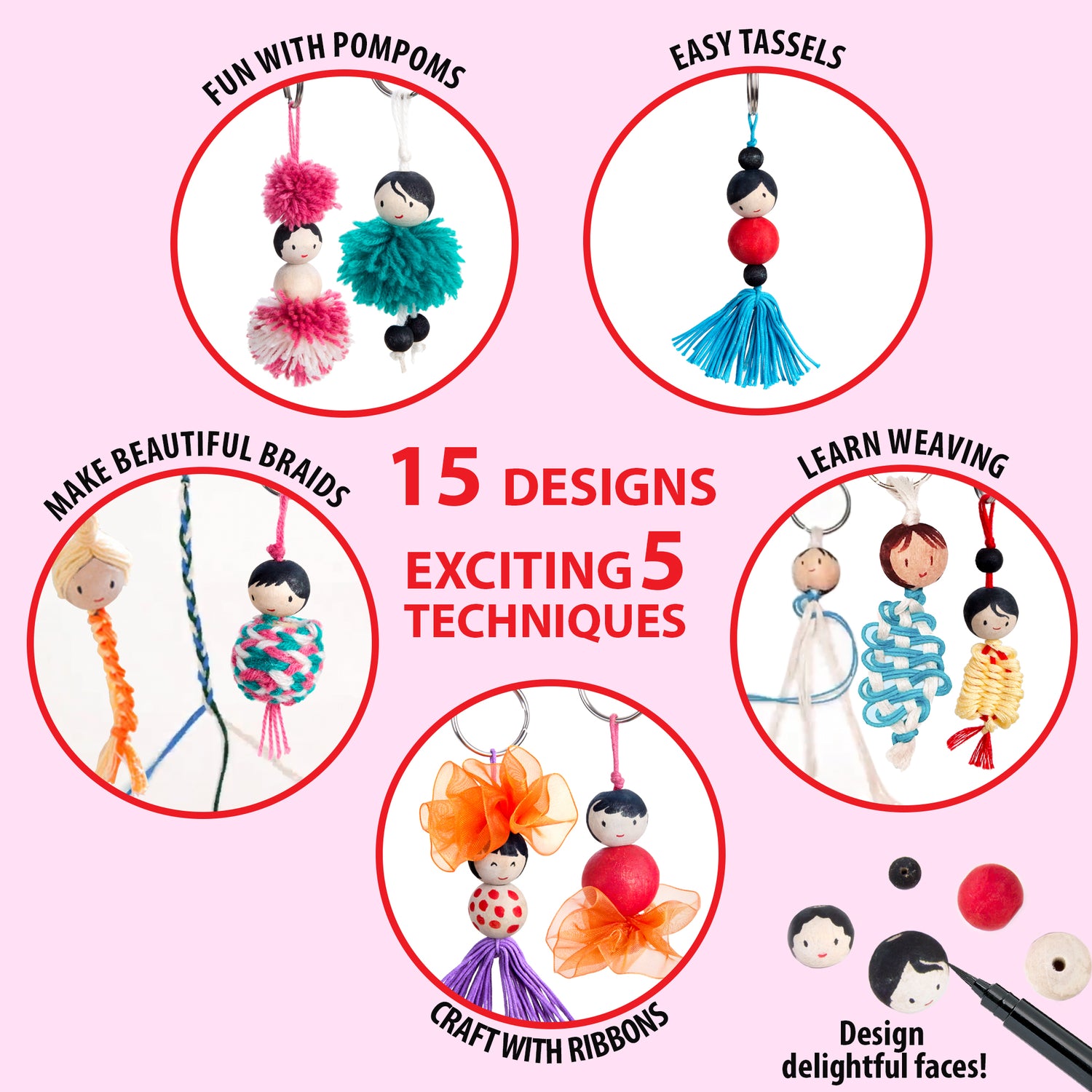 Keychain Dolls Craft Kit by Chalk and Chuckles—learn 5 fun techniques like pompoms, tassels, braiding, weaving, and ribbon crafts to make 15 personalized keychains. A creative birthday gift for girls, tweens, and a perfect DIY activity for sleepovers or adult craft parties.