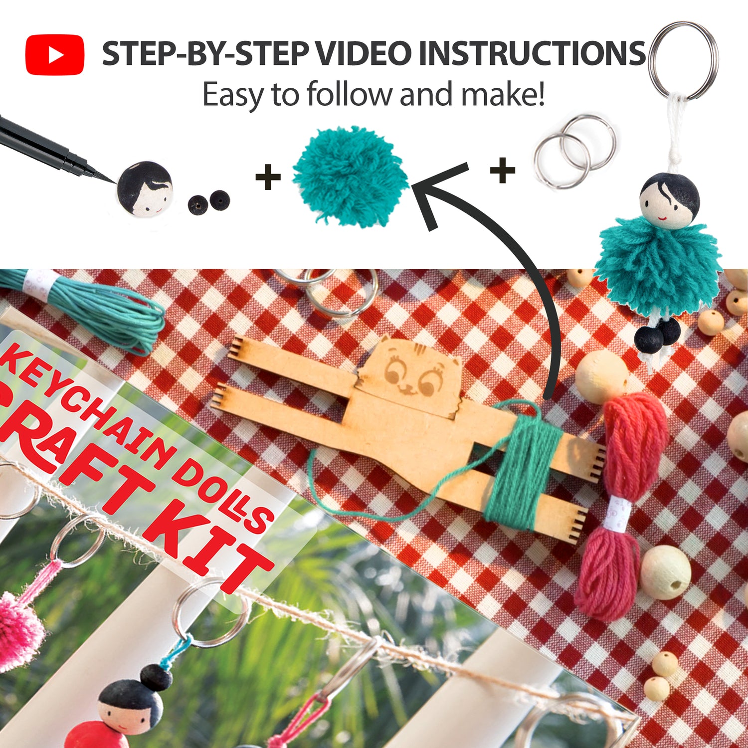 Chalk and Chuckles Keychain Dolls Craft Kit with easy step-by-step video instructions—kids, tweens, and adults can confidently create pompom keychains using yarn, beads, and the included craft tool. A fun and creative hands-on activity for crafters and DIY lovers of all ages.