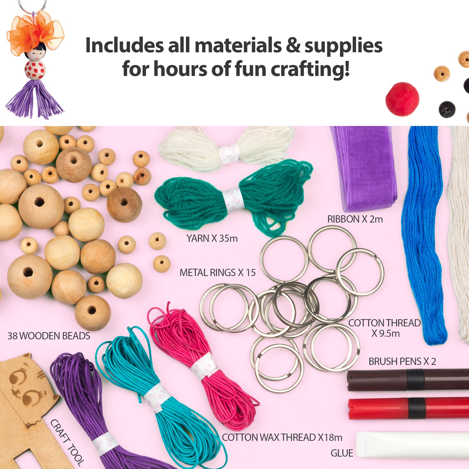 All materials included in the Chalk and Chuckles Keychain Dolls Craft Kit—wooden beads, yarn, cotton thread, rings, ribbon, brush pens, and a craft tool. A complete DIY kit for kids and adults to enjoy creative hours of stress-free crafting at home or in workshops.