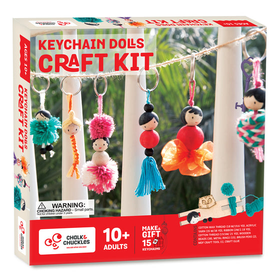 Chalk and Chuckles Keychain Dolls Craft Kit—DIY activity set for kids ages 10+ and adults to make 15 colorful doll keychains using yarn, ribbon, beads, and more. A perfect screen-free creative gift for girls, tweens, and crafters who love making personalized accessories.