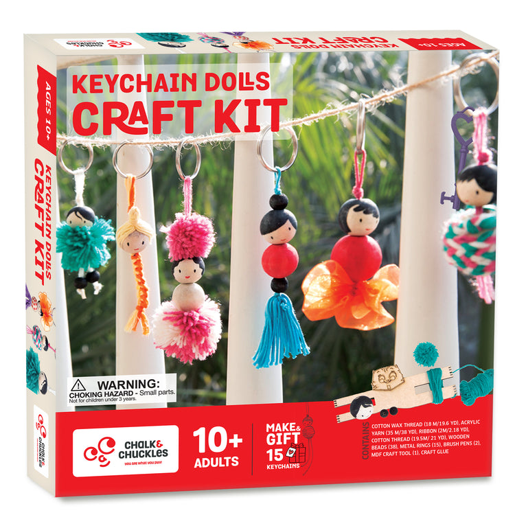Chalk and Chuckles Keychain Dolls Craft Kit—DIY activity set for kids ages 10+ and adults to make 15 colorful doll keychains using yarn, ribbon, beads, and more. A perfect screen-free creative gift for girls, tweens, and crafters who love making personalized accessories.