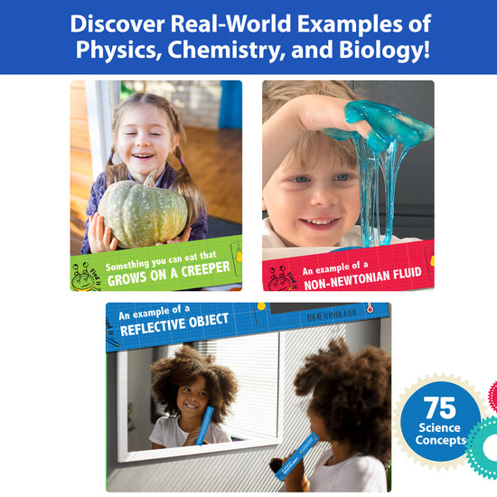 Children playing with STEM Scavenger Hunt by Chalk and Chuckles—discovering science through real-life examples like non-Newtonian fluids, reflective objects, and edible creepers. Educational activity game with 75 STEM concepts for kids ages 8–12. Ideal for learning, exploration, and science gifts.