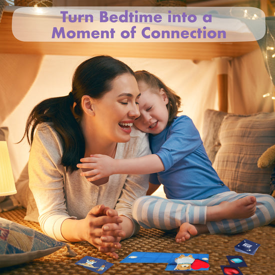 Mother and child laughing and playing Chalk and Chuckles Bedtime Bear game in cozy indoor tent—screen-free bedtime bonding activity for ages 3–5