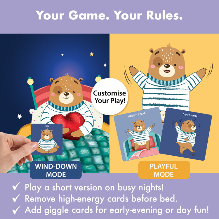 Screen-free bedtime game for kids ages 3–6—Chalk and Chuckles Bedtime Bear offers customizable play modes with calming or high-energy cards. Parents can choose Wind-Down or Playful Mode to fit the evening, making bedtime fun and flexible.