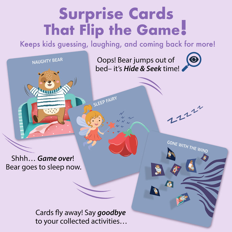 Fun surprise cards from the Chalk and Chuckles Bedtime Bear game for kids ages 3–6—unexpected twists like Hide & Seek, Sleep Fairy, and Naughty Bear keep bedtime exciting, playful, and full of laughter for families.