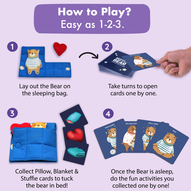 Step-by-step instructions for playing Chalk and Chuckles Bedtime Bear game—parents and kids lay out the bear, take turns drawing cards, collect bedtime items, and enjoy calming activities together. Perfect for family bonding and bedtime routines with children ages 3–6.