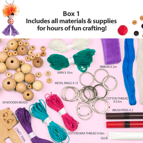 Complete craft supplies from Chalk and Chuckles Keychain Dolls Kit—wooden beads, yarn, ribbons, metal rings, thread, glue, and craft tool. All-in-one DIY kit for kids, tweens, or adults to make creative keychains at home, perfect for hands-on learning and creative fun.