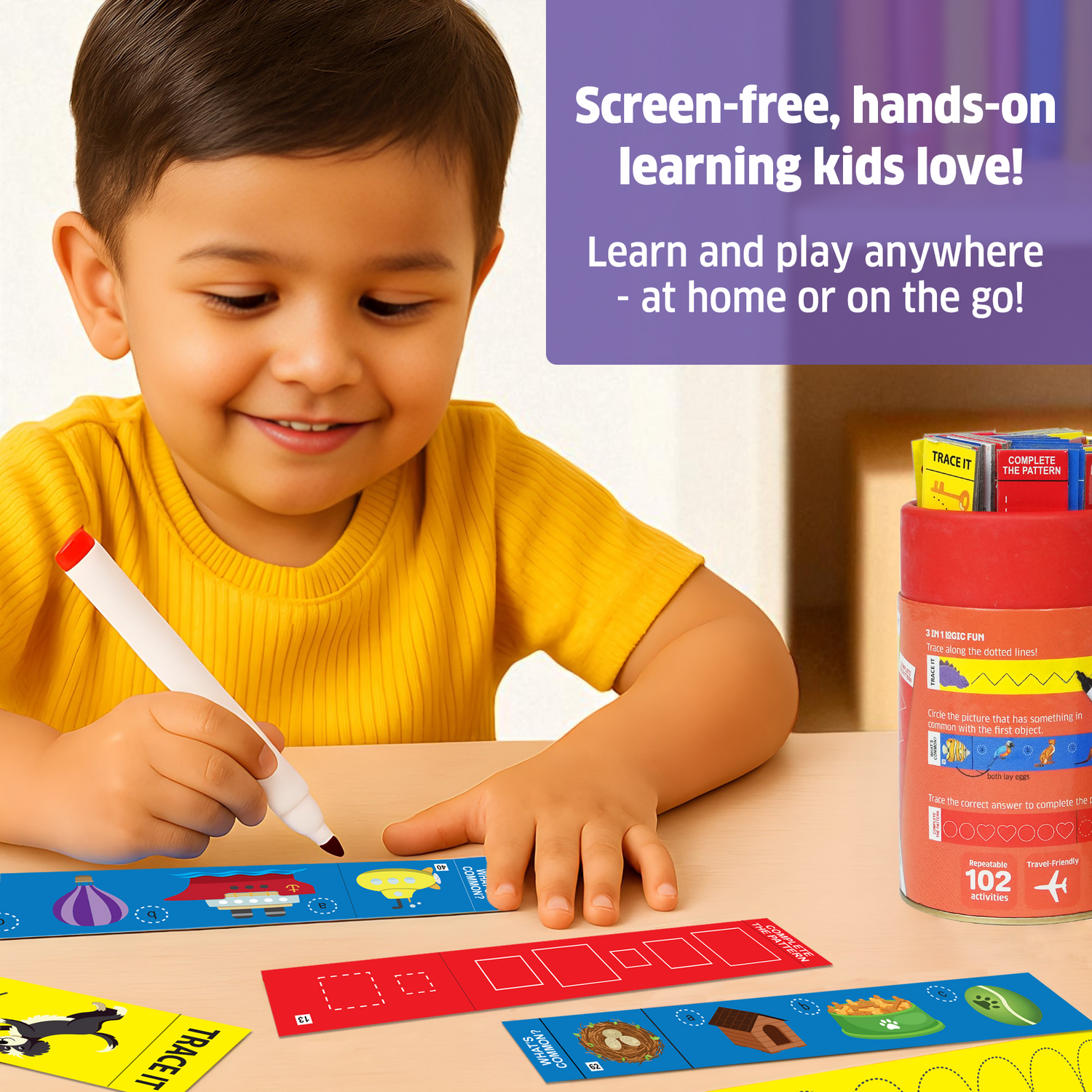 Preschool boy using Smart Sticks Junior logic activity sticks for tracing and matching in a screen-free educational game