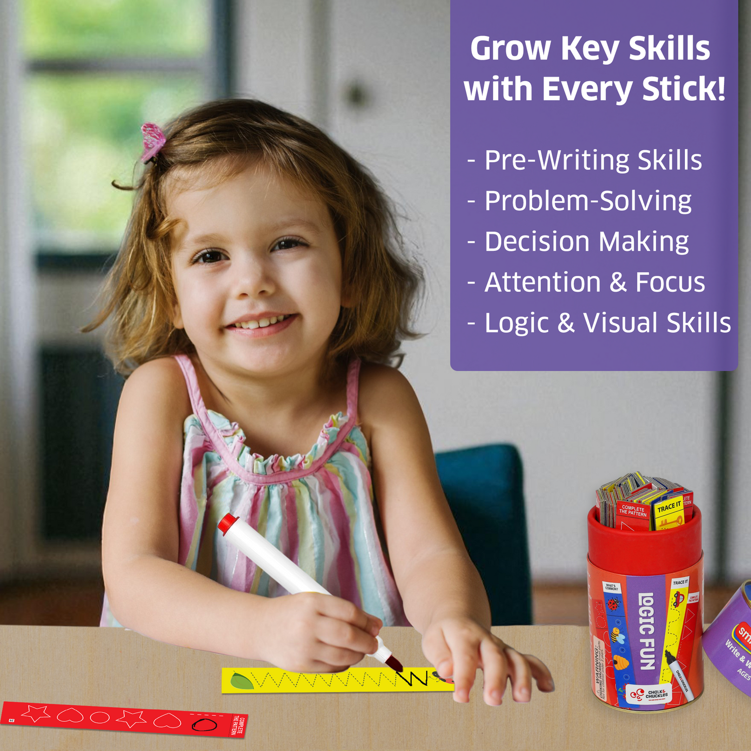 Preschool girl using Smart Sticks Junior write and wipe activity to build pre-writing, logic, and focus skills