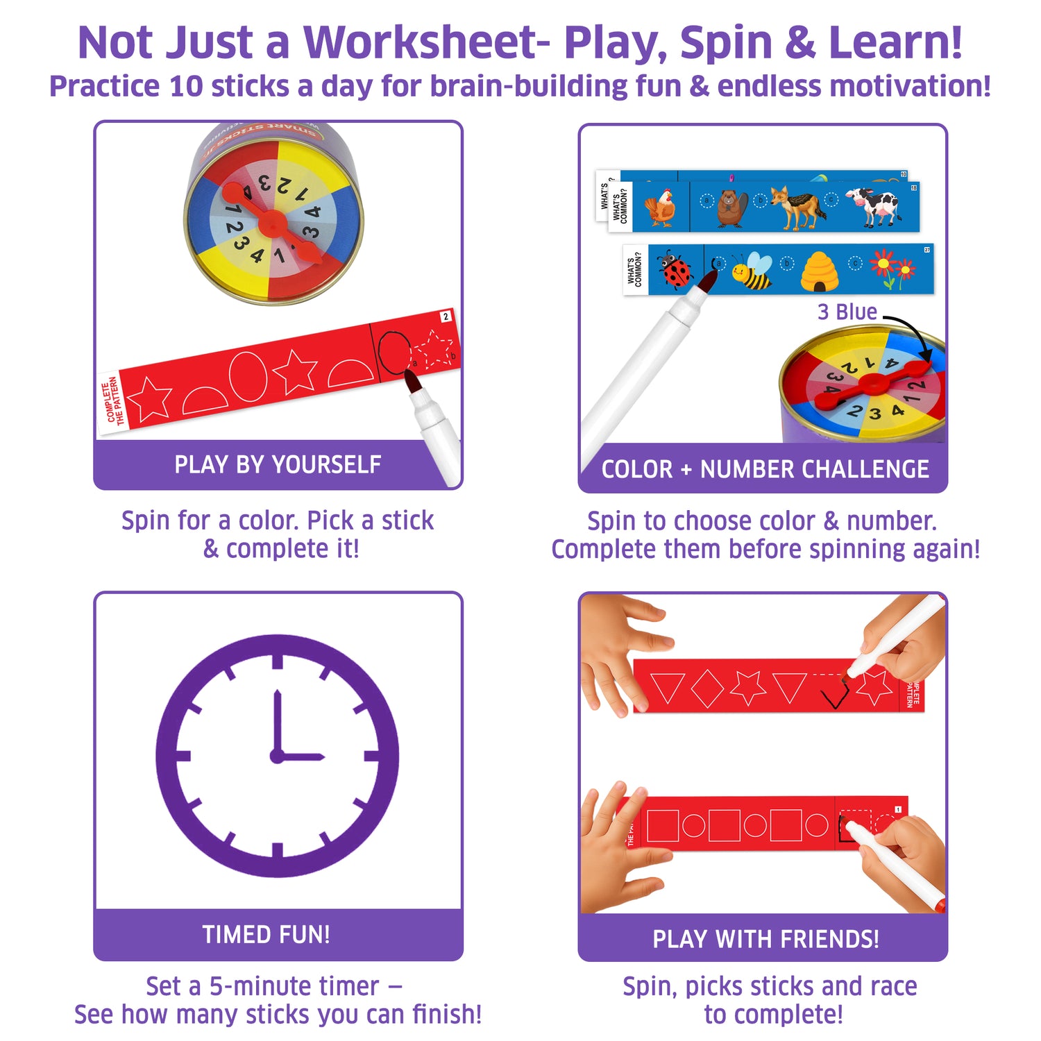 Smart Sticks Junior spin-and-play learning game with solo play, timed challenges, and multiplayer activity options