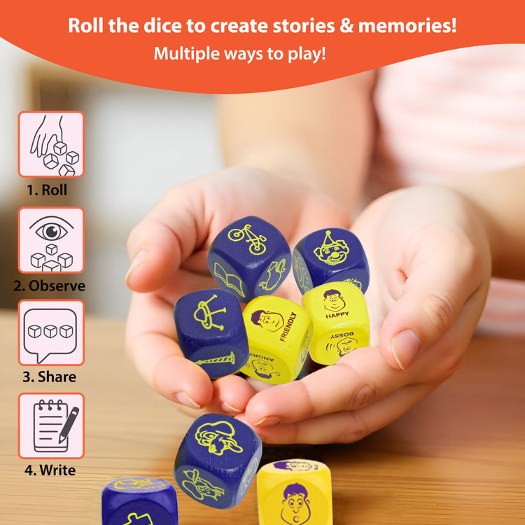Hand holding Rolling Tales story dice with illustrated guide on how to play – roll, observe, share, and write your own imaginative story