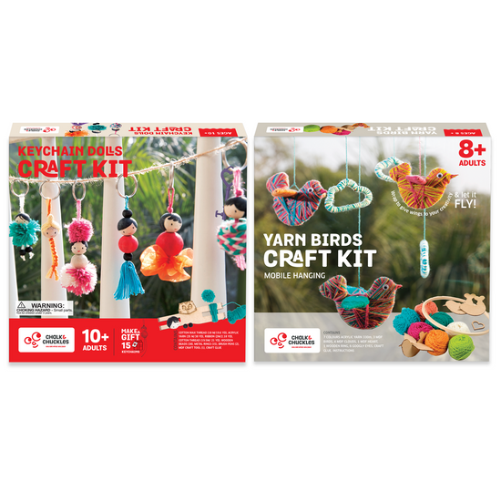 Chalk and Chuckles Keychain Dolls and Yarn Birds Craft Kits for kids ages 8 and up. Creative DIY art sets for boys and girls to make keychain dolls and colorful yarn bird hangings. Perfect educational gift to build fine motor skills and spark imagination.