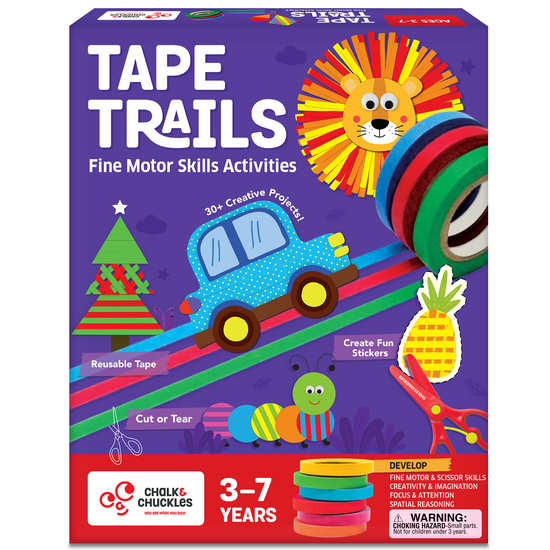 Chalk and Chuckles Tape Trails art and craft kit for kids ages 3-7, fine motor skills activity set with colorful reusable tape, scissors, and creative mess-free indoor projects for boys and girls