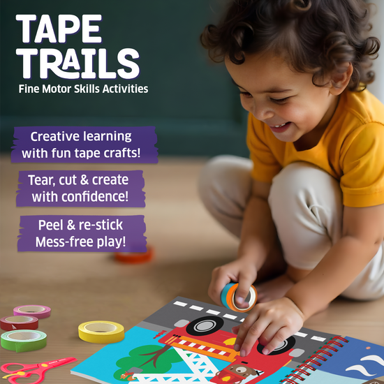 Young boy enjoying Chalk and Chuckles Tape Trails fine motor skills art and craft kit, creating colorful tape designs, fun indoor creative activity for kids ages 3-7, mess-free and screen-free play