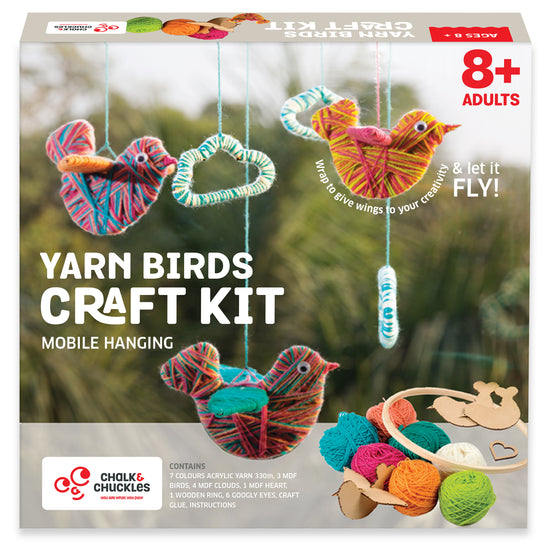 Chalk and Chuckles Yarn Birds Craft Kit—DIY art and craft activity for kids ages 8–12 to create colorful yarn-wrapped birds. A screen-free creative gift for boys and girls that builds fine motor skills, patience, and imagination.
